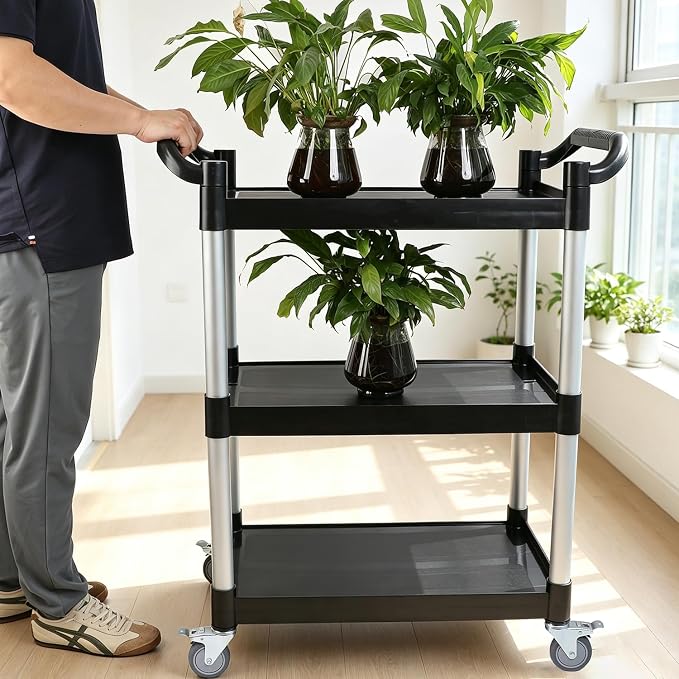 3-Tier Rolling Utility Cart with Wheels,4 Lockable Casters, Plastic Service Cart with 510lbs Capacity, Commercial Service Cart on Wheels for Restaurant/Office/Warehouse/Kitchen/School, Black