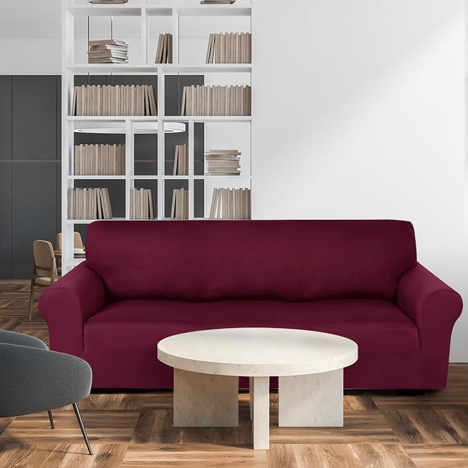 Peryiter 2 Pcs Couch and Loveseat Sofa Covers,Burgundy,Milk Silk | Armchair Covers for Living Room, Sofa Cushion Slipcover 2/3 Seater, Furniture Protector, Polyester and Spandex, Washable