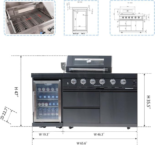 65-Inch 4-Burner 72000 BTU Stainless Steel Outdoor Kitchen Island Propane Gas Grill + Wine Cooler Refrigerator + Rotisserie Kit + Granite Countertops - For Large Backyard Gatherings, Black