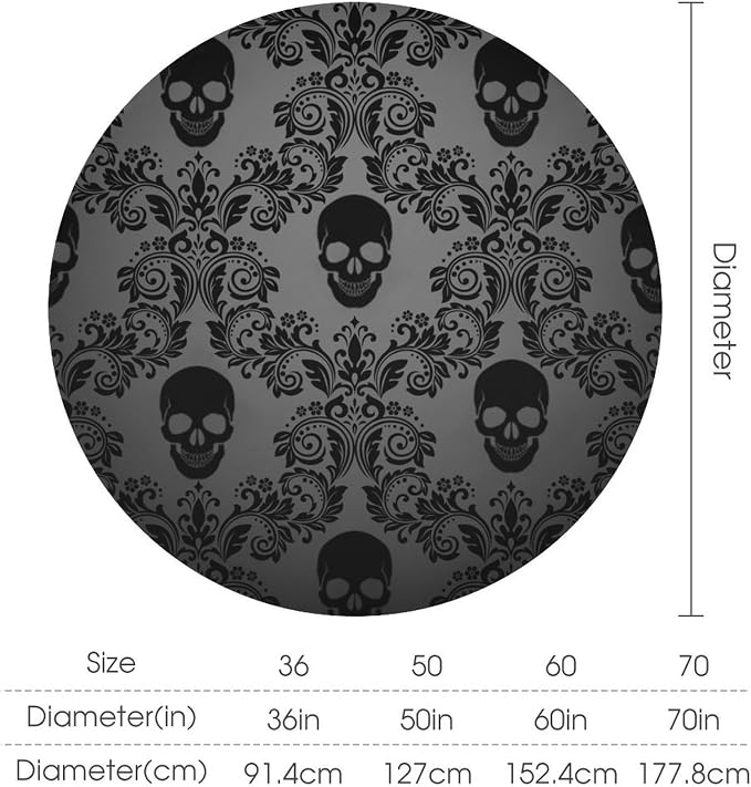 Gothic Black Damask Round Tablecloth, Vintage Floral Exotic Suger Skull Bohemian Antique Victorian Table Cloth Water Resistant Table Cover for Farmhouse Party Holiday Kitchen Dinner Table 50"