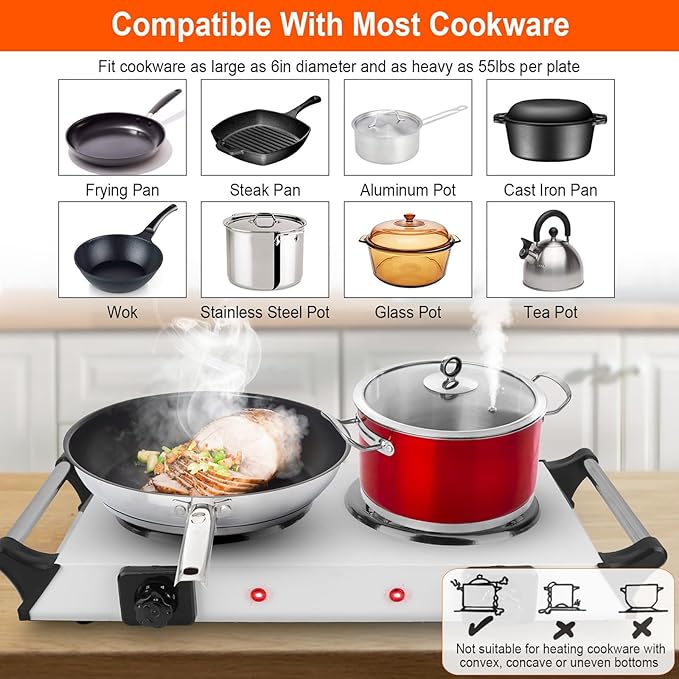 Electric Hot Plate, 2000W Countertop Double Burner with Adjustable Temperature & Handles, Stainless Steel Coil Electric Stove for Cooking Cooktop for Home Kitchen Dorm RV Camp, Black, Small