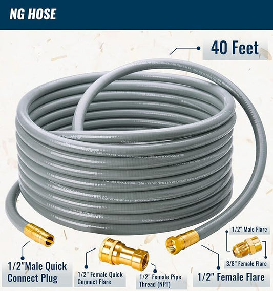 CALPOSE 40 Feet 1/2 inch ID Natural Gas Grill Hose with Quick Connect Fittings, Natural Gas Line for Grill, Pizza Oven, Heater and More Low Pressure Appliance
