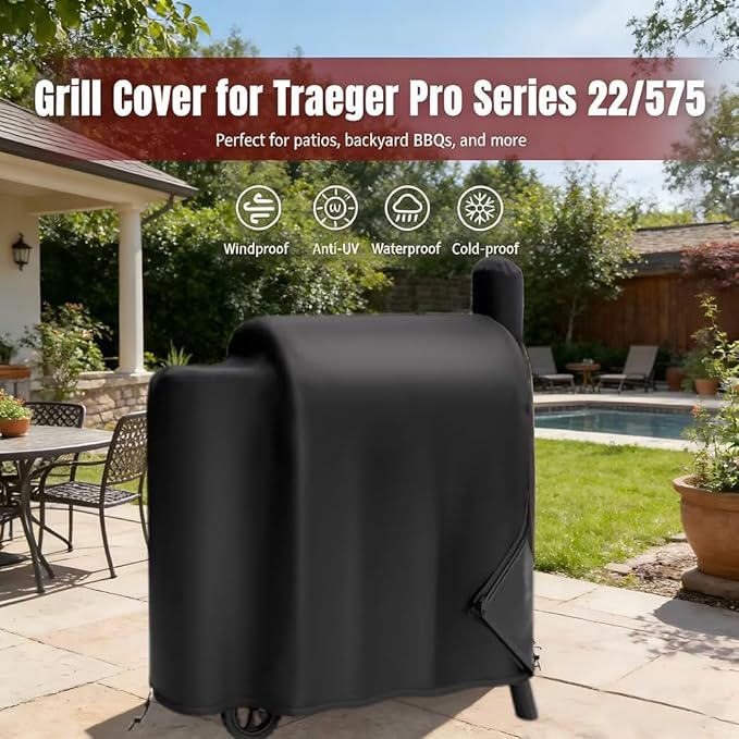 SHINESTAR Grill Cover for Traeger Pro Series 575/22, 600D Heavy Duty Waterproof Wood Pellet Smoker Cover with Zipper & Drawstring, Pellet BBQ Cover for Traeger Lil Tex Elite, Eastwood & Z Grills 550B