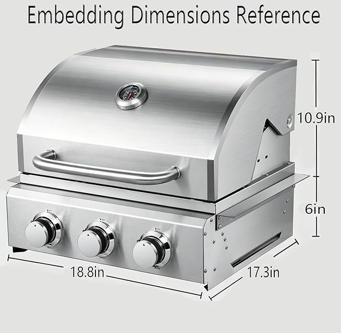3 Burner Built In Gas Grill, Stainless Steel Propane Grill, 30,000 BTUs,Dual Fuel Compatibility(Propane/Natural), Gas Grill Outdoor Cooking