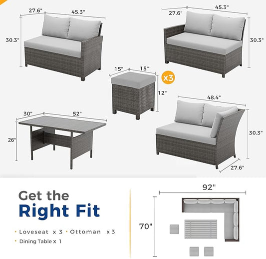 Wisteria Lane 7 Piece Patio Furniture Set, High Curved Back Wicker Outdoor Dining Set, All Weather Patio Sectional, Outdoor Furniture Patio Conversation Set with Ottoman, Grey