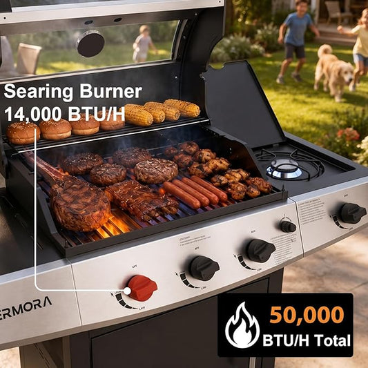 4 Burners Propane Gas Outdoor Grill 50,000 BTU, 553 Sq.in, Searing Burner, Side Burner, Porcelain-Enameled Grates BBQ Grill, Stainless Steel Propane Grill, Patio Garden Family Party Barbecues