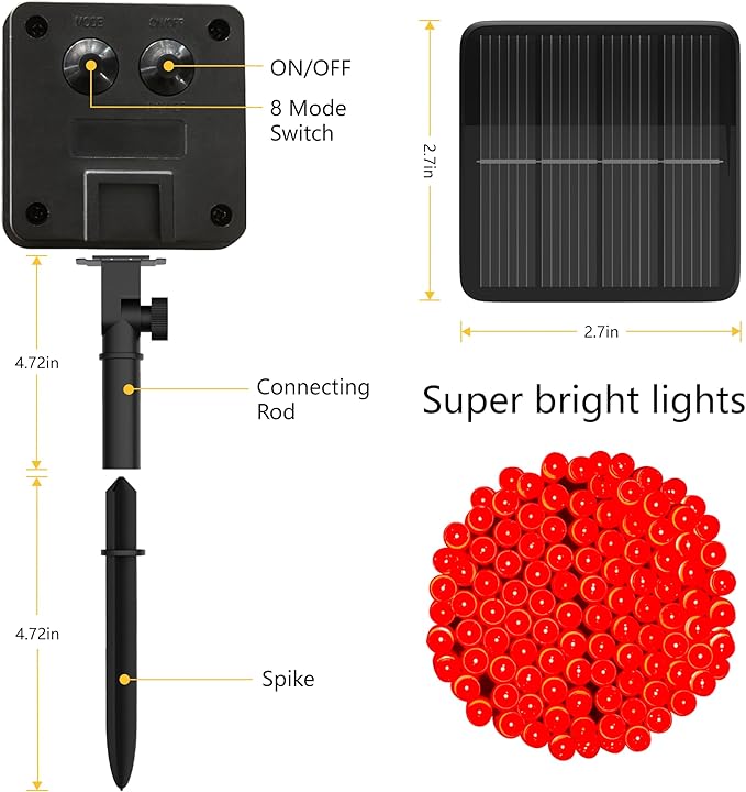 Flechllary Solar String Lights for Outside, 39Ft 100 LED Solar String Lights Outdoor with 8 Modes,Solar Lights for Outside Waterproof for Yard, Fence,Balcony, Party,Christmas Tree Decorations (Red)