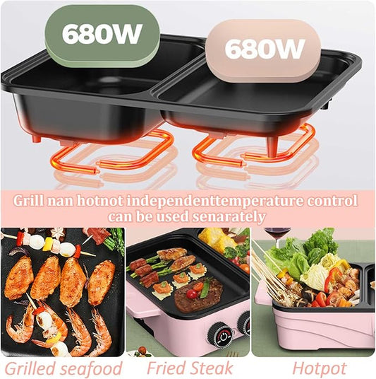 Hot Pot Electric with Grill, 2-in-1 Nonstick Korean BBQ Grill Indoor Smokeless Hotpot Pot Electric Cooker Sahabu Shabu Pot, Independent Dual Temperature Control