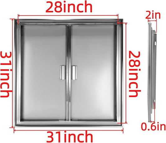 Outdoor Kitchen Door 31" W x 31" H Stainless Steel BBQ Double Access Door Flush Mount Vertical Wall Doors with Handle Suitable for Grilling Station Outside Cabinet Outdoor Kitchen