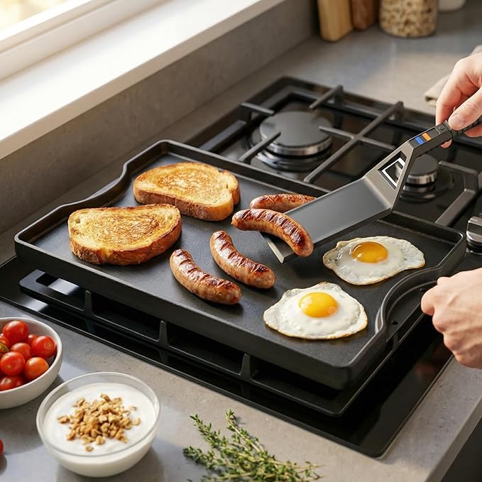 Utheer Griddle Kit, 16.5" x 10.5" Reversible Cast Iron Flat Top Griddle with 5-Piece Scratch-Free Nonstick Safe Nylon Tools, Ceramic Nonstick Grill Griddle for Stove Top, Gas Grill, BBQ and Camping