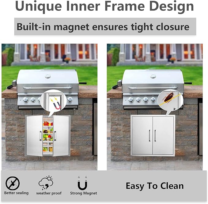 Outdoor Kitchen Doors Stainless Steel,26" W by 24" H Double Access Door,Flush Mount for Outdoor Kitchen and BBQ Island