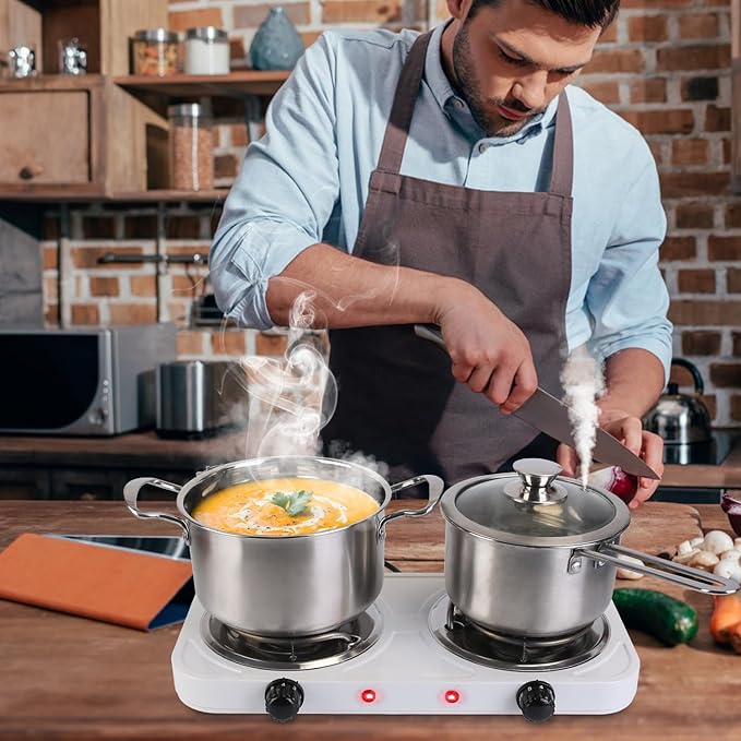 2000W Electric Double Burner Portable Coil Heating Hot Plate Stove Countertop RV Hotplate with Non Slip Rubber Feet 5 Temperature Adjustments