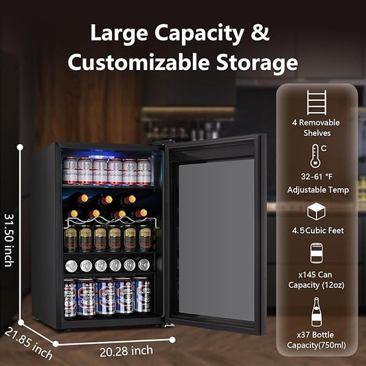 Electactic 37 Bottle Wine Fridge,Freestanding 145 Can Beverage Refrigerator with Smart Temperature Control,4.5 CU FT Quiet Mini Fridge with Child Lock Panel for Family Restaurant Bar, Black