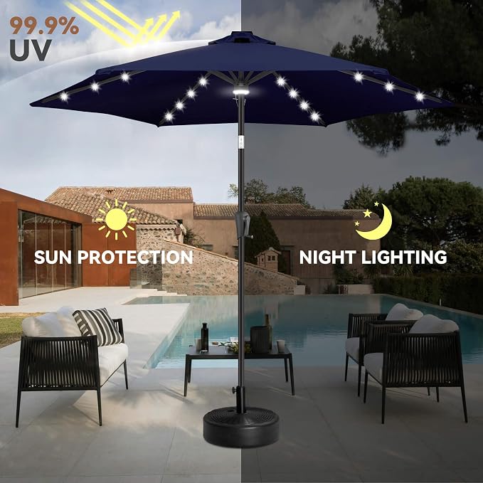 10 ft Solar Patio Umbrella Outdoor with Centre Light, Navy Blue | 24 LED Lights, UV Protection, Solar Outdoor Umbrella for Porch, Deck, Pool, Table, Garden, Provides Evening Lighting