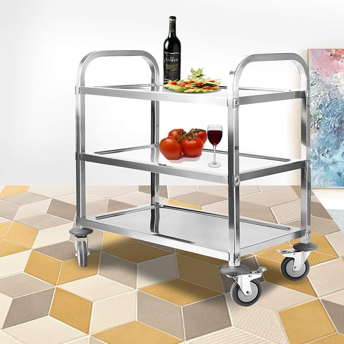 Nisorpa 3 Tier Kitchen Rolling Cart, Stainless Steel, 37 x 20 x 37 Inch | Utility Cart with Wheels, Serving Trolley, Catering Storage Shelf, 2 Lockable Wheels, For Hotel, Restaurant, Home Use