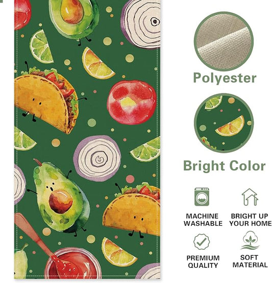 Green Mexican Food Dining Table Runner, Vegetable Fruit Taco Avocado Lime Onion Tomato Burlap Kitchen Decoration Foodie Gift, Indoor Outdoor Home Decor Party Supply 13 x 72 Inches