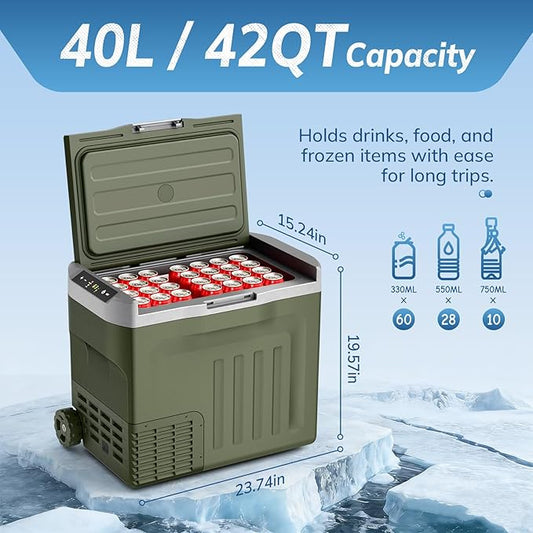 Antarctic Star 12 Volt Refrigerator,43QT(40L) Electric Cooler, Portable Refrigerator Freezer -4℉~68℉,12V 24V DC 100 240V AC Car Fridge with Wheels &2 Baskets for Camping,Travel,RV,Car,GREEN