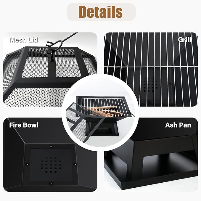 19.8inch Portable Small Fire Pit with a Removable Ash Pan, Fire Poker, Mesh Lid, 2 in 1 Square Outdoor Fireplace for BBQ, Outside Heating, Bonfire Party, Camping, Backyard, Patio, RV Trip