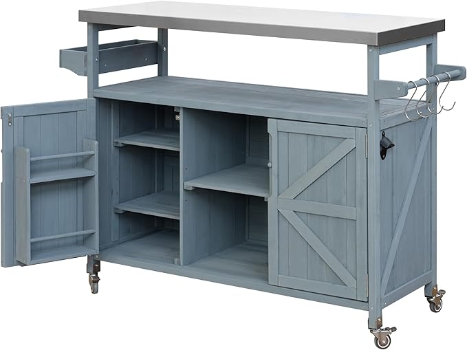 Merax 50" Outdoor Kitchen Grill Cart Island on Wheels with Stainless Steel Top,Farmhouse Style Solid Wood Frame Storage Cabinet