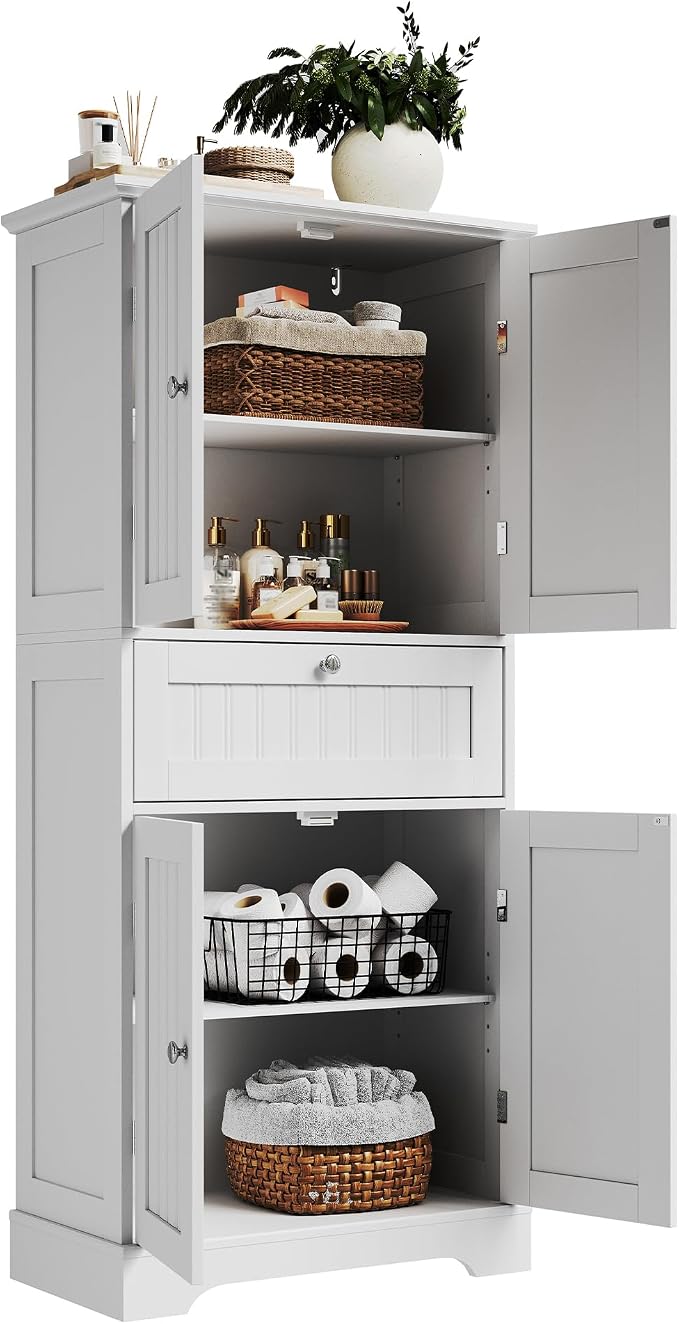 ChooChoo 51" H Bathroom Floor Cabinet with Drawers and Adjustable Shelves | Bathroom Storage Cabinet, Freestanding Kitchen Pantry Cupboard with 4 Doors for Living Room, White
