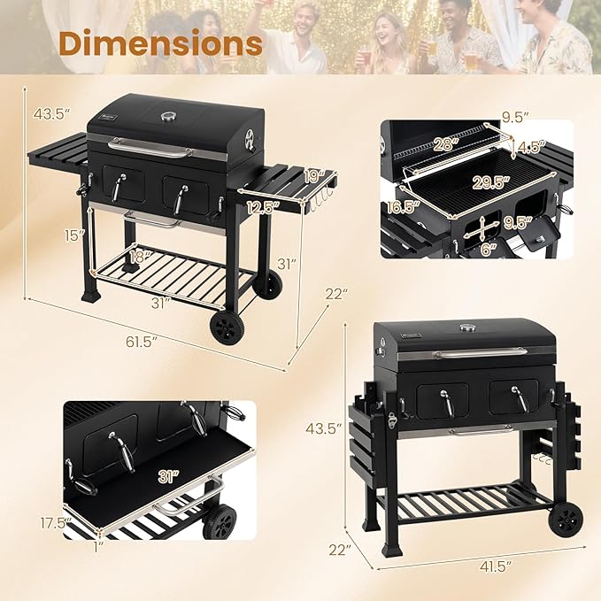 HAPPYGRILL Charcoal Grill, 752 sq.in Oversized Outdoor Smoker BBQ Grill with Individual Lifting Charcoal Trays, Folding Side Tables, Thermometer, Wheels, Bottle Opener & Protective Cover, Black