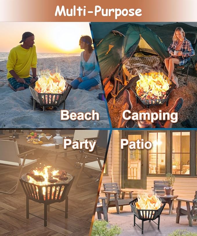 22.5 Inch Portable Hexagon Fire Pit with Travel Bag — Heightened Smokeless Design Outdoor Wood Burning Fire Pit for Camping, Backyard, Patio, Bonfire, Picnic and BBQ, Vertical Hollow Style