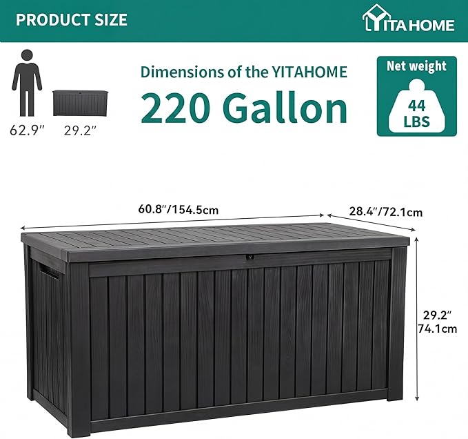 YITAHOME 220 Gallon Large Outdoor Storage XL Deck Box w/Divider for Patio Furniture,Outdoor Cushions, Garden Tools, Sports Equipment and Pool Supplies, Waterproof, Resin, Lockable, Black