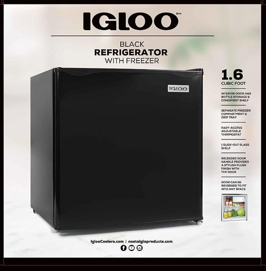 Igloo 1.6 Cu.Ft Mini Fridge with Freezer- Single Door Compact Refrigerator with Glass Shelves for Homes, Dorms & Offices- Keep Snacks, Drinks & Frozen Foods Cool with Temperature Control Fridge- Black