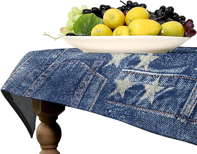 Denim Patchwork Style Tablecloth, Fashionable Blue Denim Jean Pocket Design Water Resistant Wipeable Table Cover for Farmhouse Picnic Party Holiday Kitchen Dinner Table 60"x120"