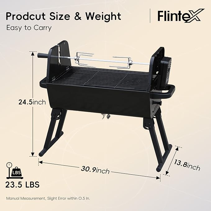 Flintex 2 in 1 Portable Porcelain Enameled Charcoal Grill with Rotisserie, Motorized Electric Spit, Foldable BBQ Grill, 262 sq.in, Height Adjustable for Camping Tailgating