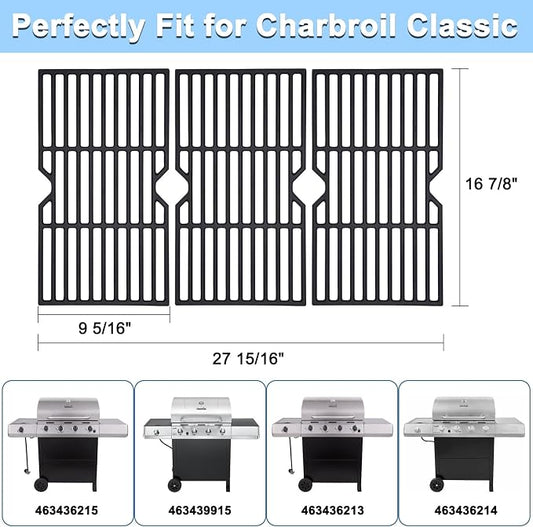 Grill Replacement Parts for Charbroil 4 Burner 463436215, 463439915, 463436213, 463436214, G432-001N-W1, 16 7/8" Cast Iron Grill Grates, Burner Tubes, Heat Plates, Carryover Tubes, Igniters.