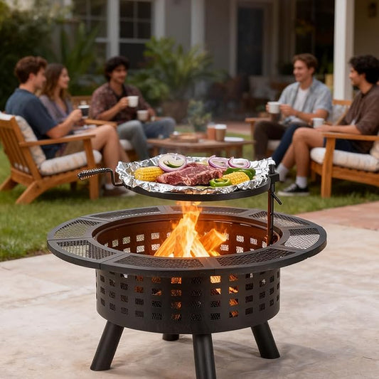 Verdeluxe 36 inch Outdoor Fire Pit with Grill,Wood Burning Firepits for Outside with Lid & Fire Poker,Metal 3-in-1 Fire Pit Table with Cooking Grate,Outdoor Fireplaces for Bonfire,Yard,BBQ(Jet Black)