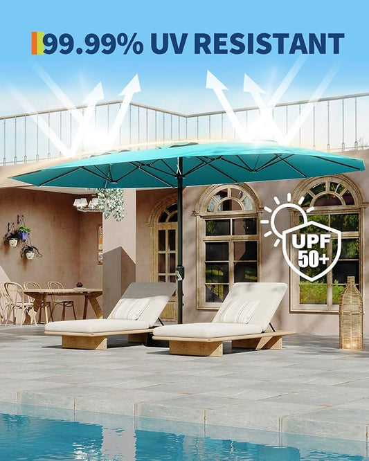 GarveeLife 15 ft Large Patio Umbrella with Lights, 36 LED Lights Double-sided Patio Umbrella with Weighted Base for Poolside Garden Backyard