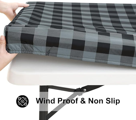 Smiry Rectangle Picnic Table Cloth, Elastic Waterproof Fitted Vinyl Tablecloths, Flannel Backed Buffalo Plaid Table Covers for Dining, Camping, Outdoor (Black and Grey, 30" x 48")