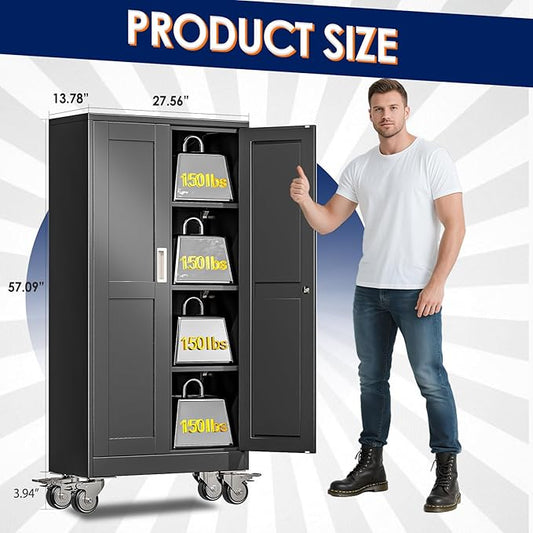 erosoei 61" H Metal Garage Storage Cabinet, Rolling Tool Cabinet with 2 Doors and Wheels, Locker Steel Cabinet with 3 Adjustable Shelves, Organization Cabinet for Garage,Office,Home,Gym,School๏ผBlack๏ผ
