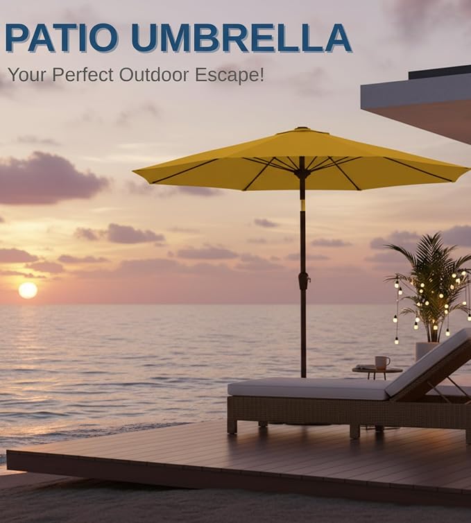 9FT Auto-Tilt Patio Umbrella|Outdoor Market Table Umbrella with 8 Fiberglass Ribs for Pool,Deck&Backyard
