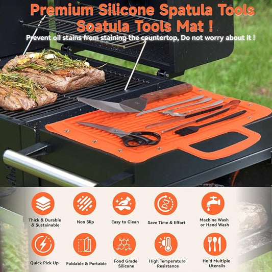 LIONROGE Large Silicone Grill Mat, Foldable Silicone Griddle Tools Spatula Mat with Drip Pad & Handle & Snap Buttons, Portable BBQ Side Shelf Mats Grill Pad for Blackstone Griddles Accessories,Orange