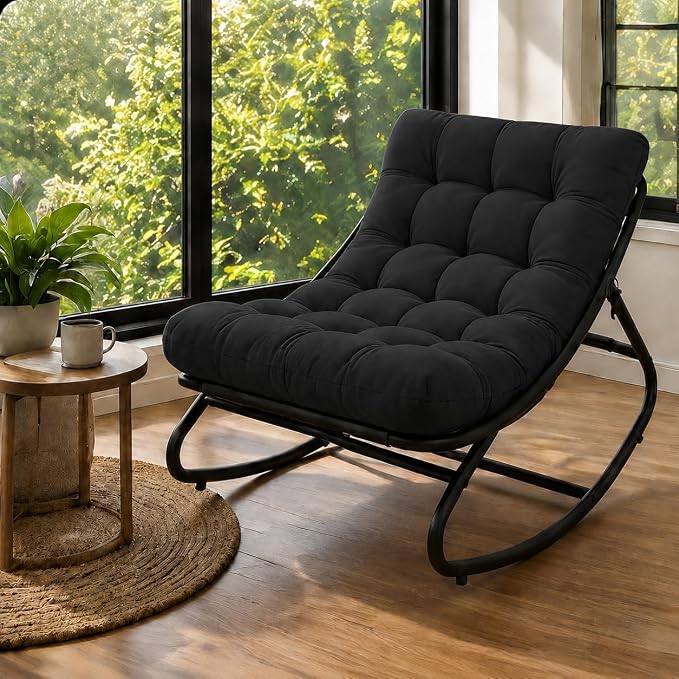 Garvee Papasan Rocking Chair, Thick Cushion, 450 lb Frame, Dark Gray | Gentle rocking motion and a roomy curved seat create a calm reading retreat for patios, balconies, bedrooms or living rooms.