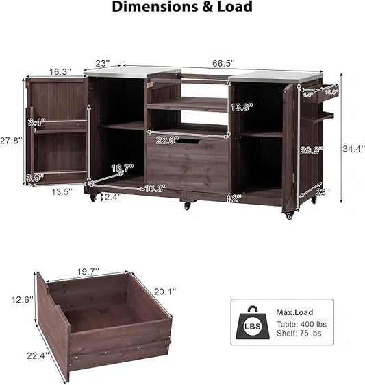 LUMISOL Outdoor Grill Cart with Stainless Steel Top, Solid Wood Kitchen Island for Big Green Egg Grills, 66.5" Rolling Kitchen Table with Internal Storage Rack, Spice & Towel Rack, Dark Brown