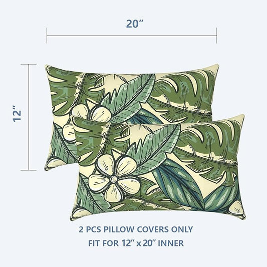 LVTXIII Outdoor/Indoor Lumbar Pillow Covers ONLY, Patio Lumbar Cushion Covers, Fluffy Water Repellent Garden Cushion Cases for Patio Coach Sofa Use, 12x20 Inch, Pack of 2, Tropical Paradise