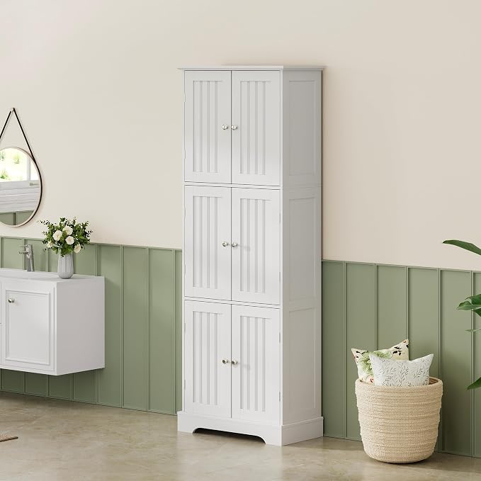 ChooChoo 63.2" Tall Bathroom Storage Cabinet with 6 Doors | Freestanding Floor Cabinet, Adjustable Shelves, Pantry Cabinet for Bathroom, Kitchen, Laundry Room, White