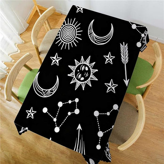 Swono Rectangle Tablecloth Sun and Moon Table Cover 52x70 Inch Stars Sun Moon Constellation Galaxy Space Table Cloth for Rectangle Tables Decorative Tablecloth for Dining Party Camping BBQ