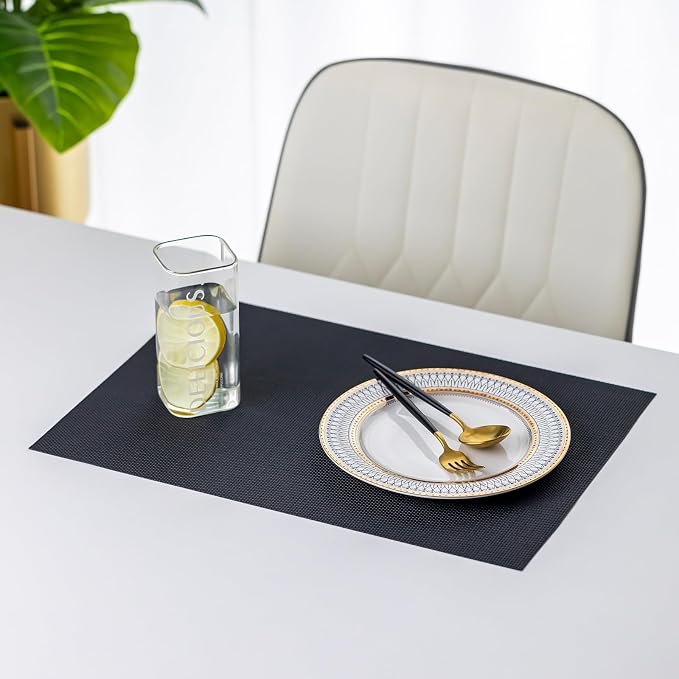 LEXMORE Placemats Set of 6 Vinyl/Plastic Woven Place Mats for Kitchen Table Indoor/Outdoor Washable Placemat Wipeable Dining Table Mats(Black)