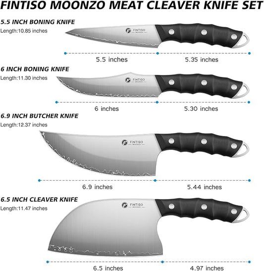 FINTISO Hand Forged Viking Knife Set, 4 PCS Kitchen Knives with Butcher Knife, Serbian Chef Knife & 2 Boning Knives, 5-Layer High Carbon Steel, Full Tang G10 Handle for Kitchen, BBQ & Camping