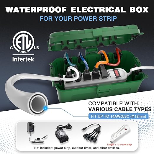 Flemoon Medium Outdoor Electrical Box (11.5x5.2x4 inch), IP54 Waterproof Extension Cord Cover w/6 Cable Entry Ports, Weatherproof Connection Box for Power Strip, Timer, Plug, Holiday Lights, Green