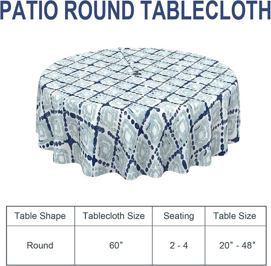 Outdoor/Indoor Round Tablecloth with Umbrella Hole Zipper, Decorative Circular Table Cover for Home Garden, 60 Inch, Boho Geometry Blue