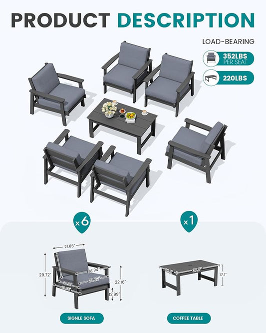 SERWALL HDPE Outdoor Furniture Set, 7 Piece All Weather Wood-Like Outdoor Sofa Sectional Couch, Grey Patio Furniture Set with Grey Cushions