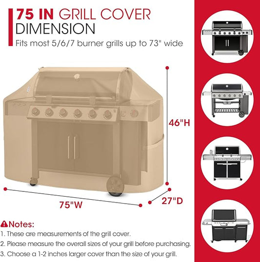 Unicook 75 Inch Grill Cover for Outdoor Grill, Heavy Duty Waterproof BBQ Cover for Outside, Compatible with Weber Char-Broil Nexgrill Kenmore Gas Grills up to 73”, All Weather Protection, Light Brown