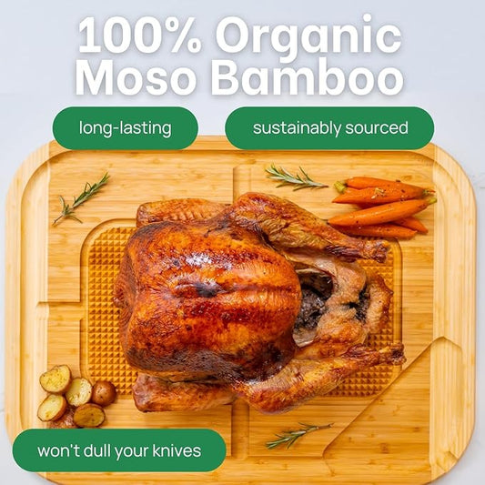 24 Inch Organic Bamboo Extra Large Carving Board with Lifetime Replacements - 2XL Meat Cutting Board and Wooden Butcher Block with Pour Spout, Turkey Platter for Christmas Holiday Essentials