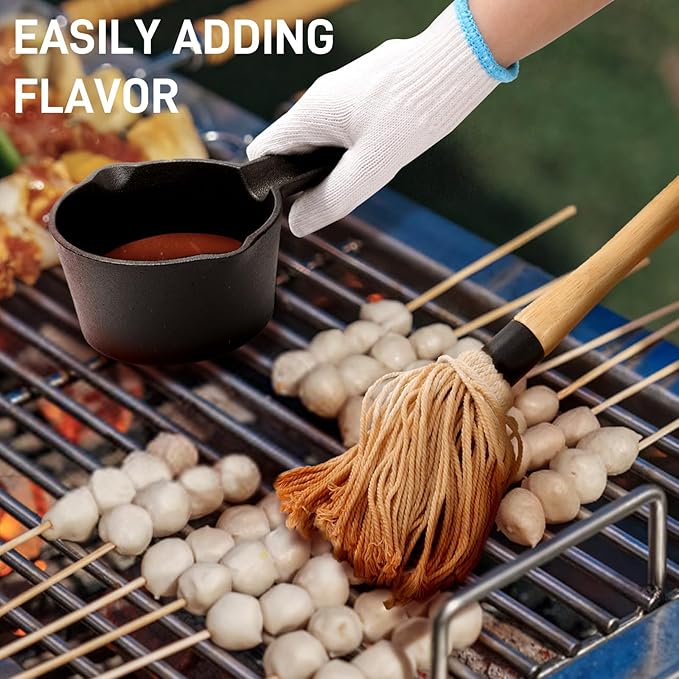 Eorbow 7 Pack Cast Iron Sauce Pot and BBQ Mop Brush Set, 13.5 OZ Small Basting Pot & Sauce Mop for Grilling, 2 Long Handle BBQ Mop with 4 Replacements, Barbecue Tool Set for Meat Smoker Stove